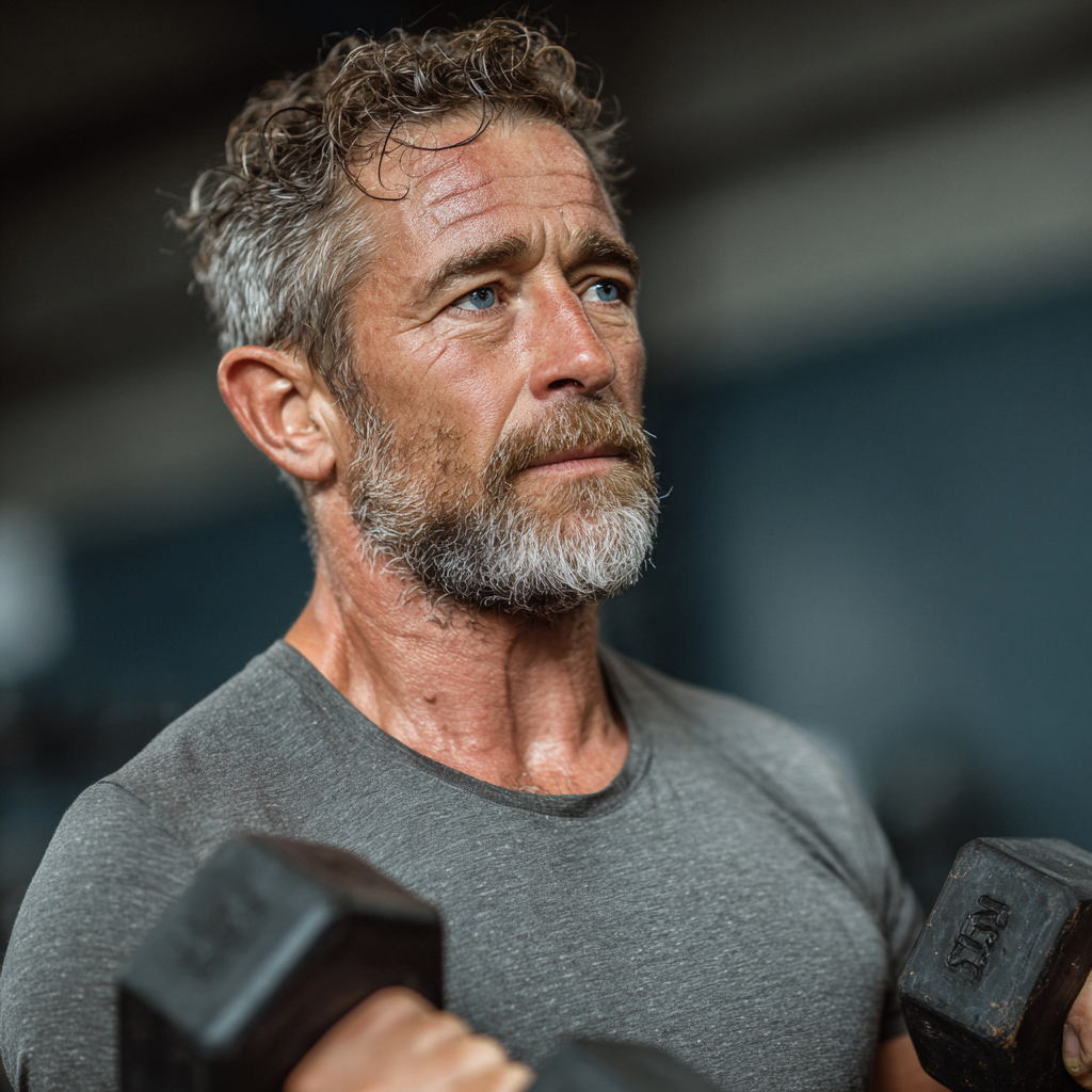 Чоловік 55 років виконує силові вправи з гантелями у спортзалі, демонструючи правильну техніку та концентрацію