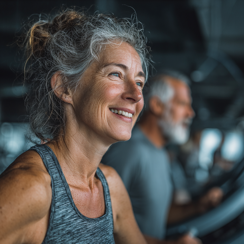 Жінка 60 років виконує кардіо-тренування на біговій доріжці, посміхаючись та демонструючи бадьорість