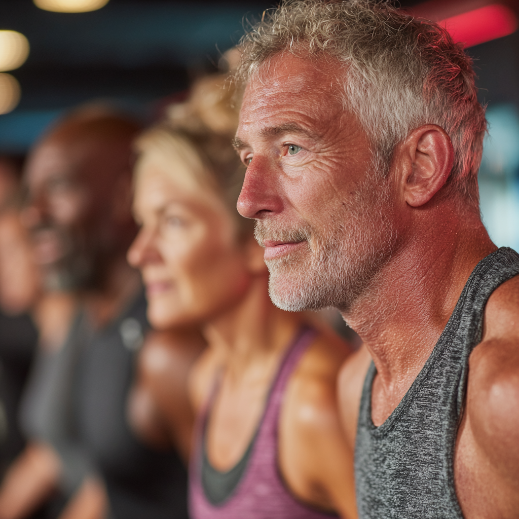 Група людей віком 50-60 років мотивує один одного під час групового тренування у фітнес-залі