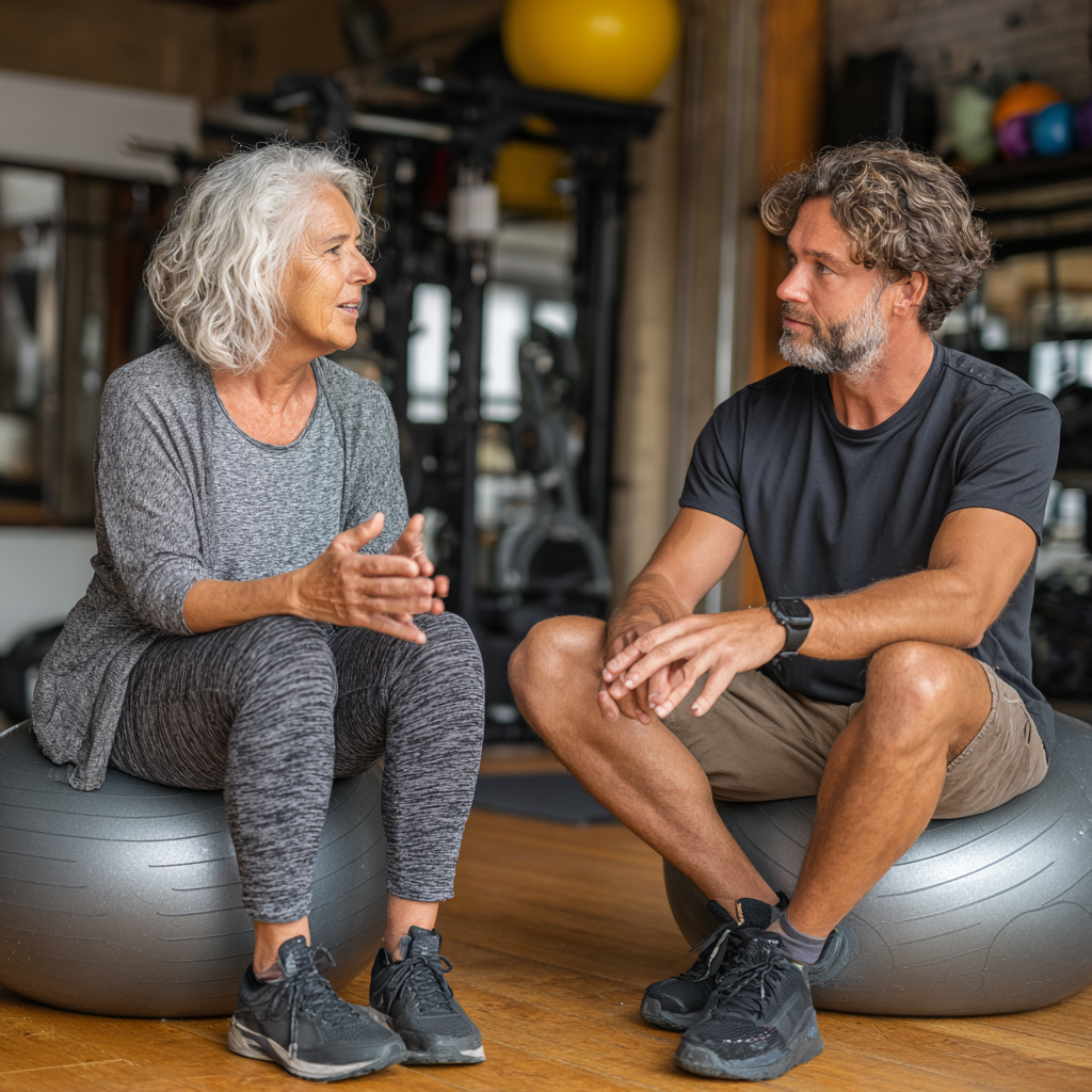 Персональний тренер працює з жінкою 58 років, пояснюючи правильну техніку виконання вправ у затишному фітнес-залі